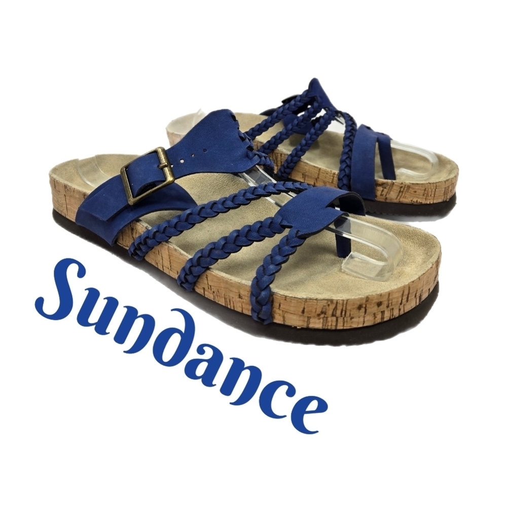 Sundance Braided Navy Leather Womens Sandels Sz 41=9.5to 10 Casual Comfort Adj.